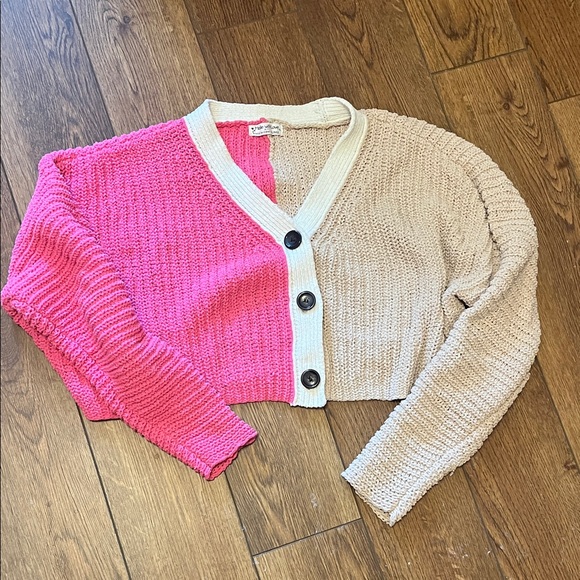 Made with Love Colorblock Pink and Cream Cropped Cardigan Sweater XL - Picture 1 of 5